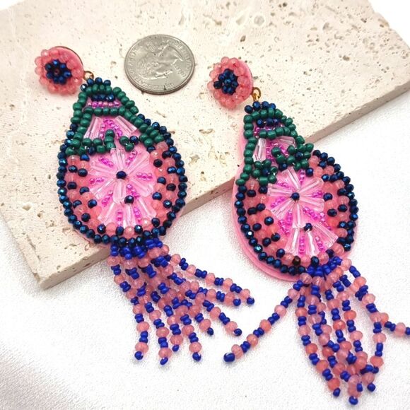 New ZARA Tropical Boho Pink Blue Green Beaded Fringe Earrings - Picture 9 of 11